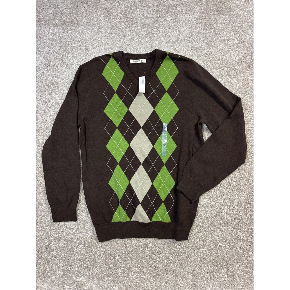 Old Navy Mens Argyle V-Neck Sweater Brown Green Tan Size L NWT